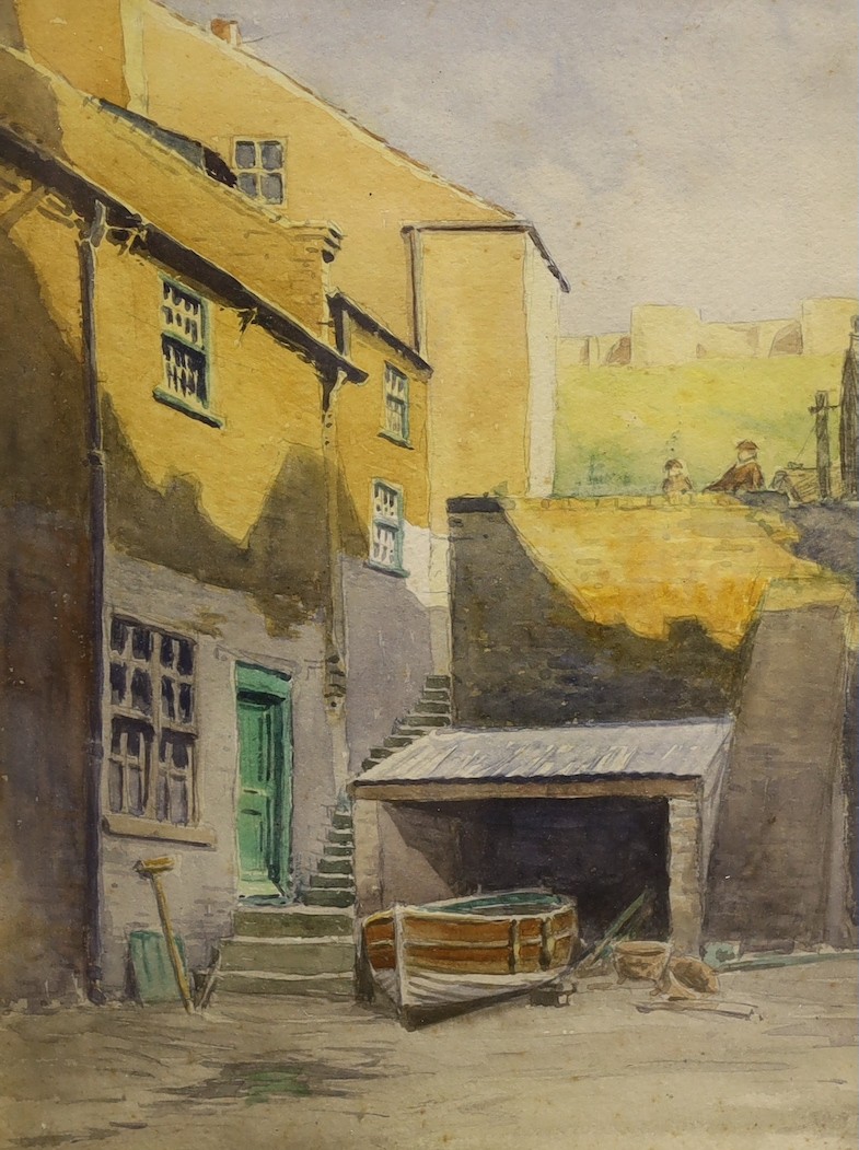 Newlyn School, watercolour, Fishing boat beside a cottage, 33 x 25cm